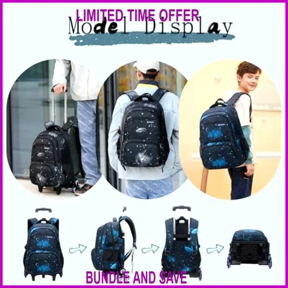 Nylon Rolling Backpack Set with Insulated Lunch Bag for Boys School